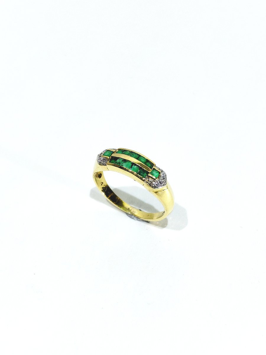 Bague Or Jaune, Diamants Et Émeraudes 