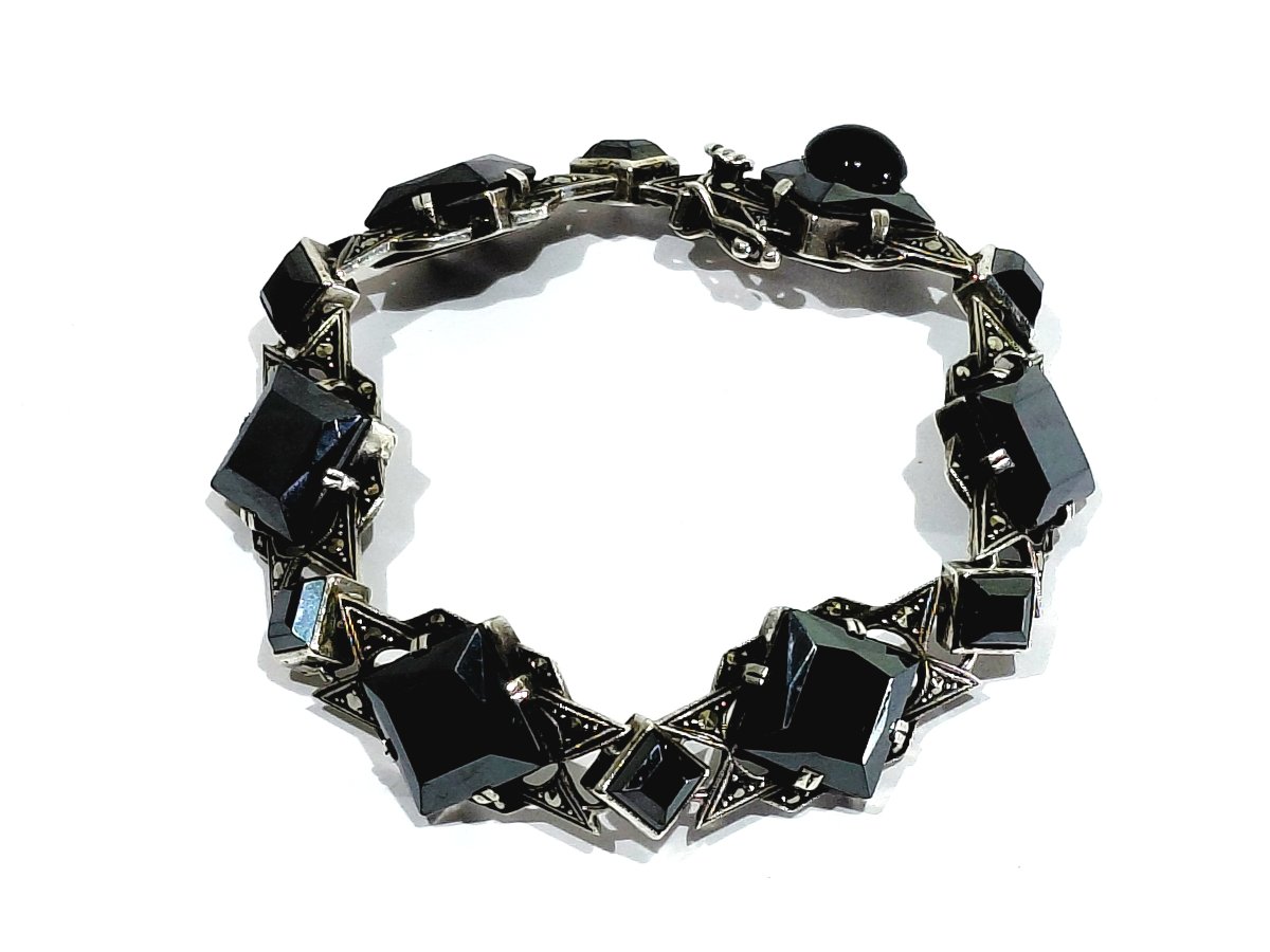 Silver, Onyx, And Marcassite Bracelet 