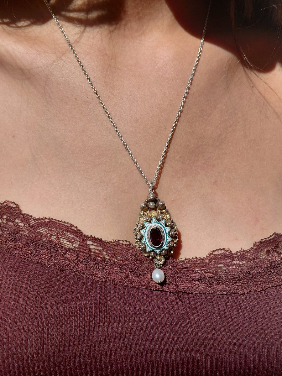 Necklace Made Of Silver, Vermeil, Enamel, Garnet, And Pearl-photo-7