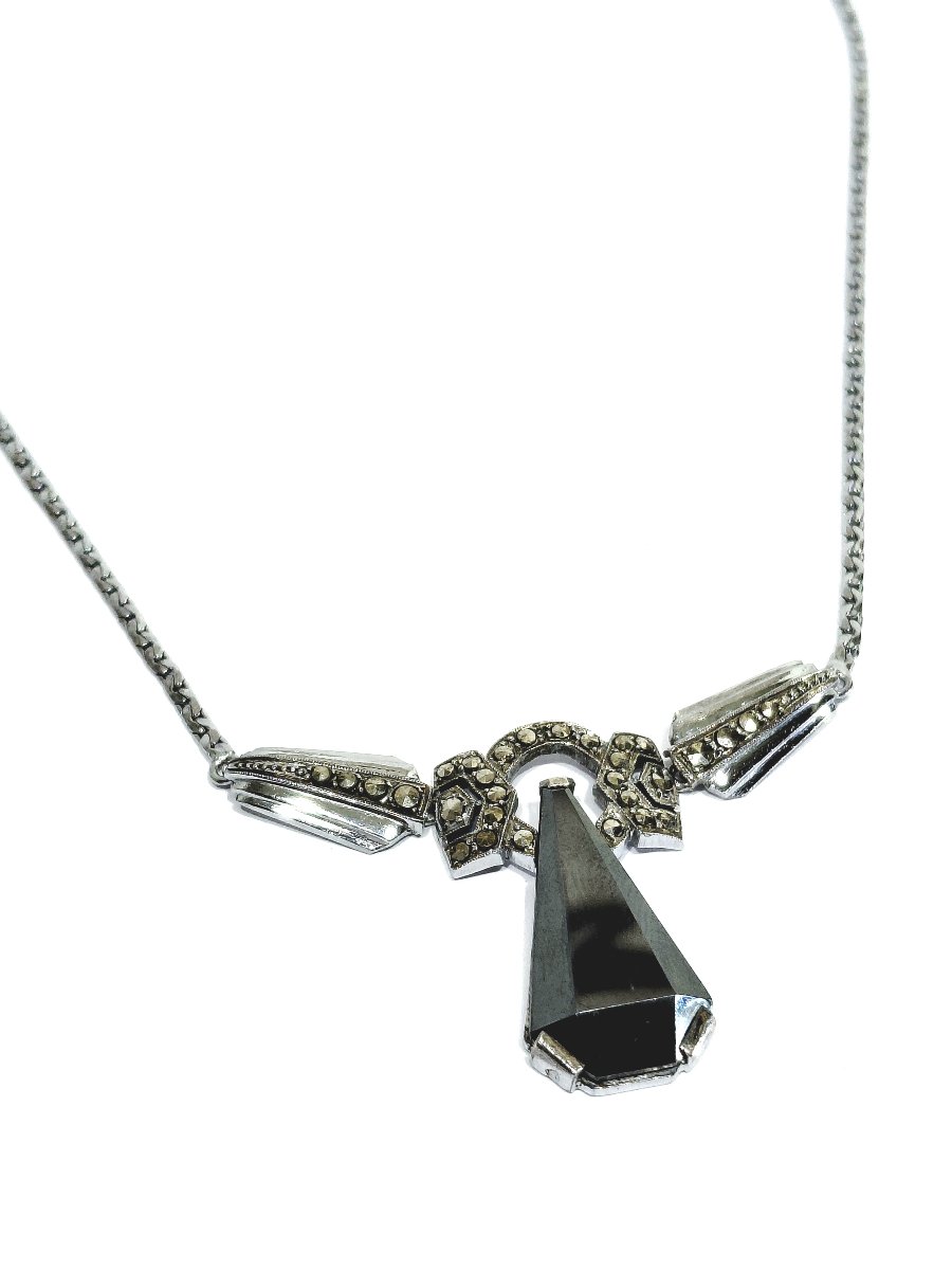 Rhodium-plated Silver Necklace With Onyx And Marcassite-photo-3