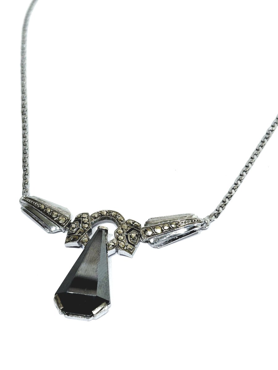 Rhodium-plated Silver Necklace With Onyx And Marcassite-photo-4