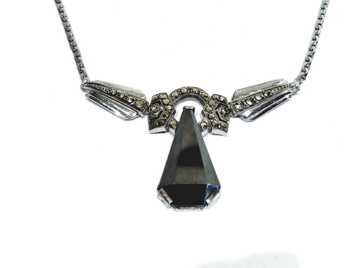 Rhodium-plated Silver Necklace With Onyx And Marcassite-photo-2