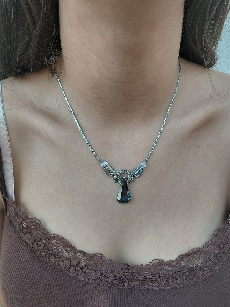 Rhodium-plated Silver Necklace With Onyx And Marcassite-photo-6