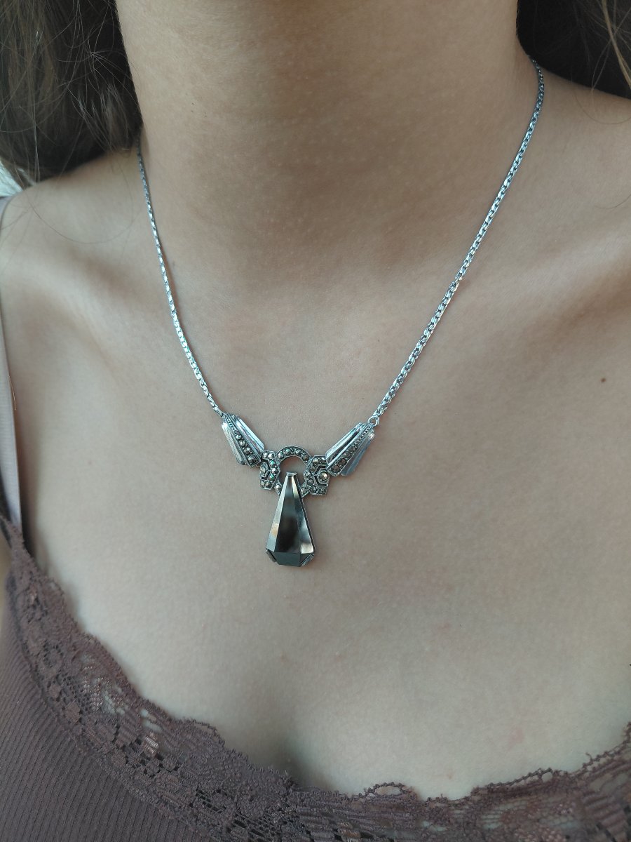 Rhodium-plated Silver Necklace With Onyx And Marcassite-photo-7