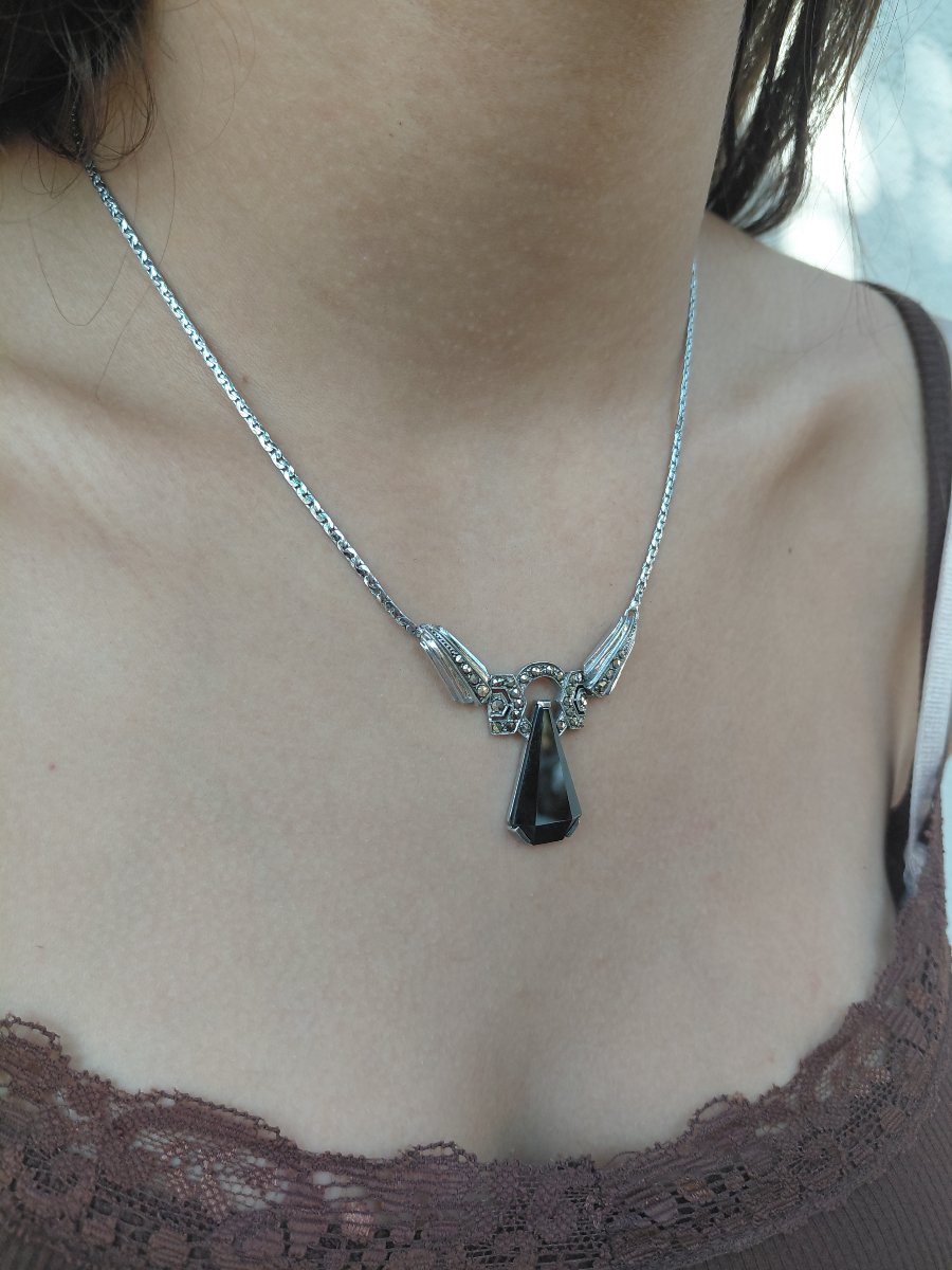Rhodium-plated Silver Necklace With Onyx And Marcassite-photo-8