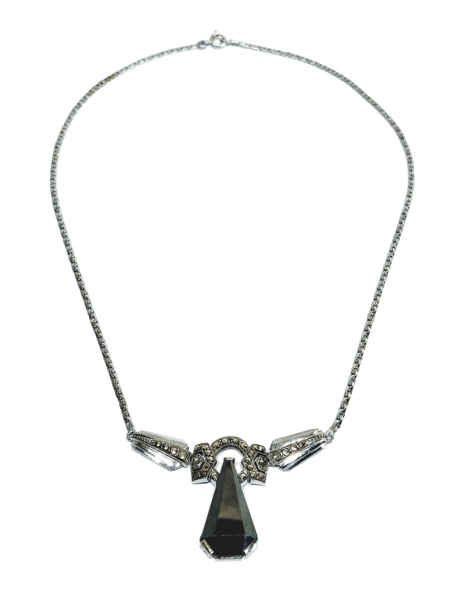 Rhodium-plated Silver Necklace With Onyx And Marcassite