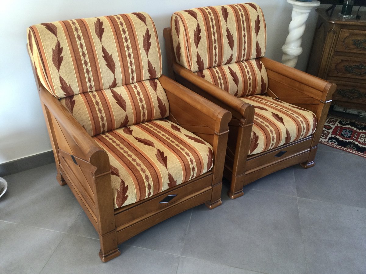 Jacques Leleu - Pair Of Cherry Wood Armchairs-photo-3