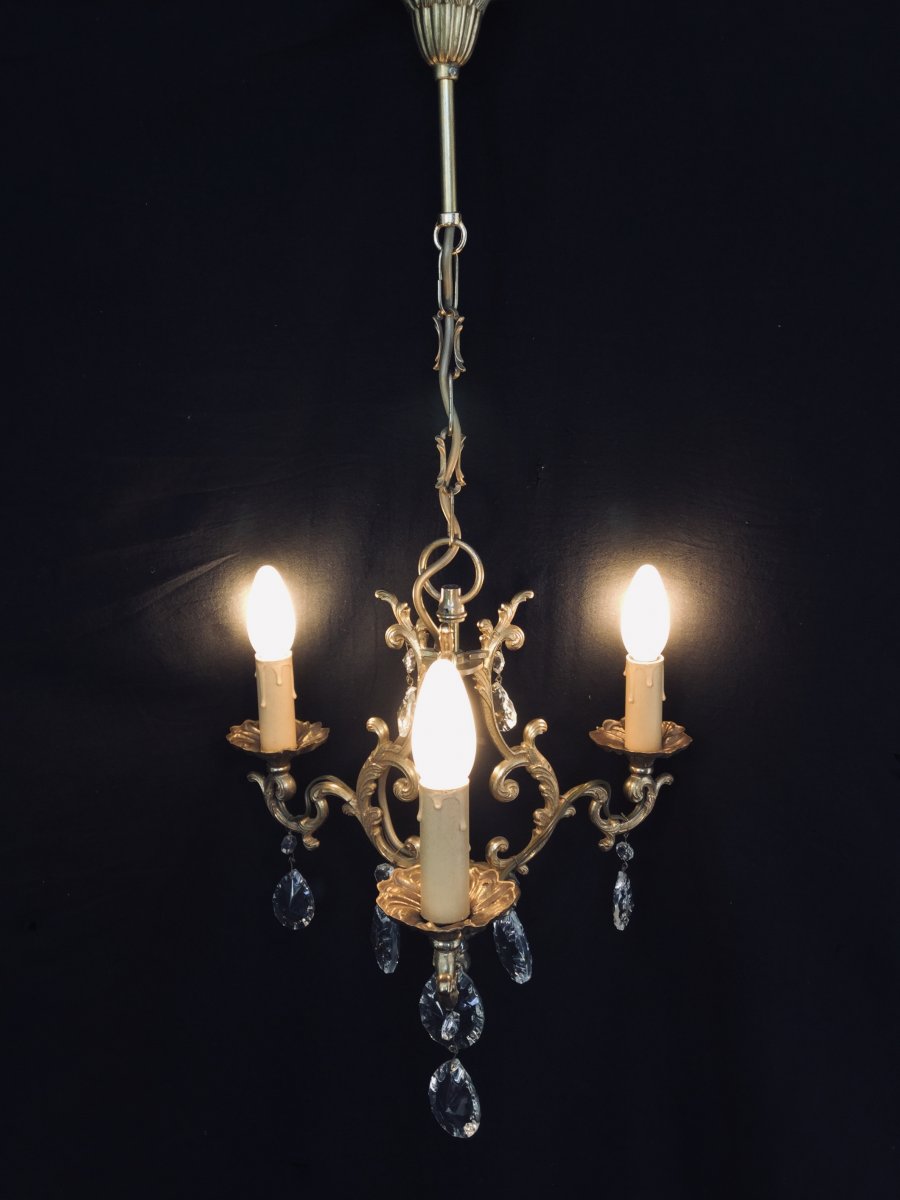 Lustre Cage &agrave; 3 Lumi&egrave;res Cristal Et Bronze-photo-2