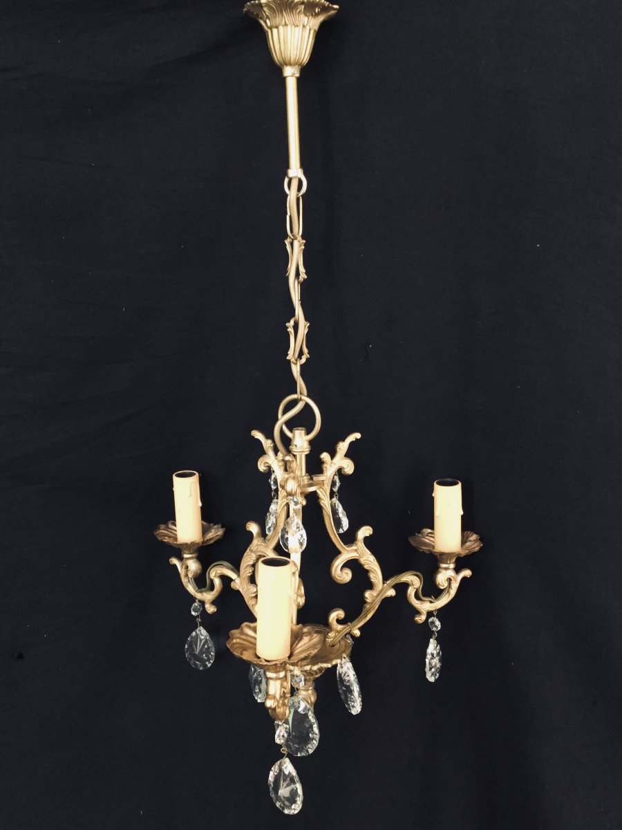 Lustre Cage &agrave; 3 Lumi&egrave;res Cristal Et Bronze-photo-2