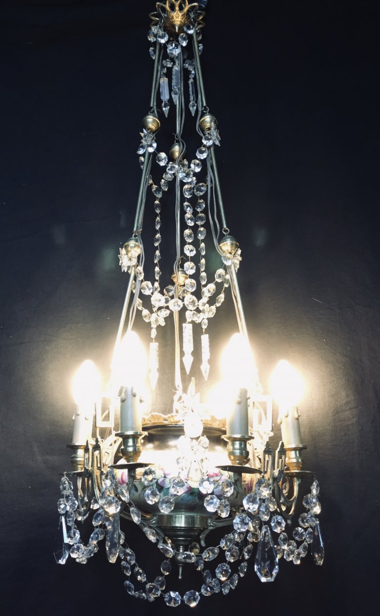 Lustre à 6 Lumières En Cristal, Faïence, Bronze Et Laiton -photo-2