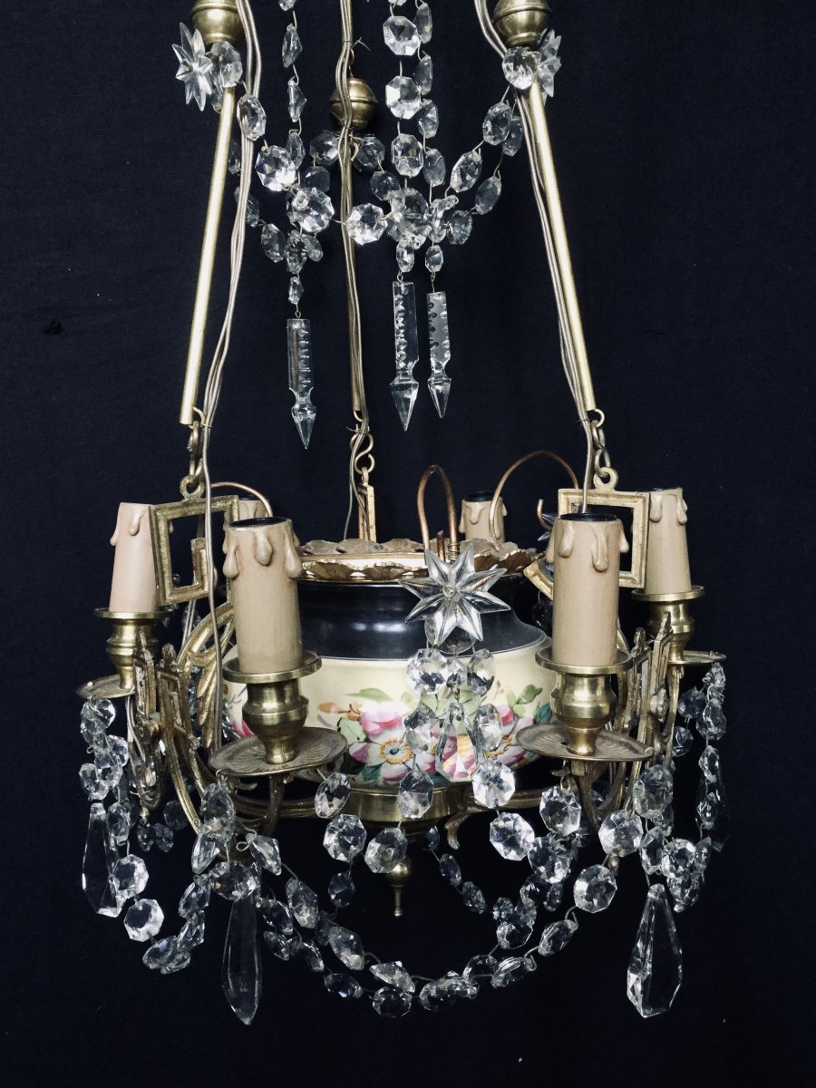 6-light Chandelier In Crystal, Earthenware, Bronze And Brass-photo-3