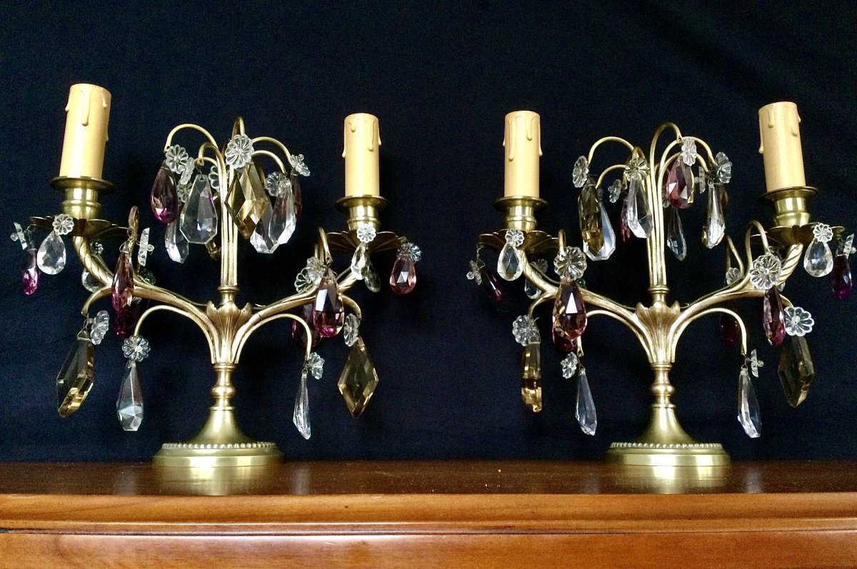 Pair Of Girandoles In Bronze And Crystal-photo-5