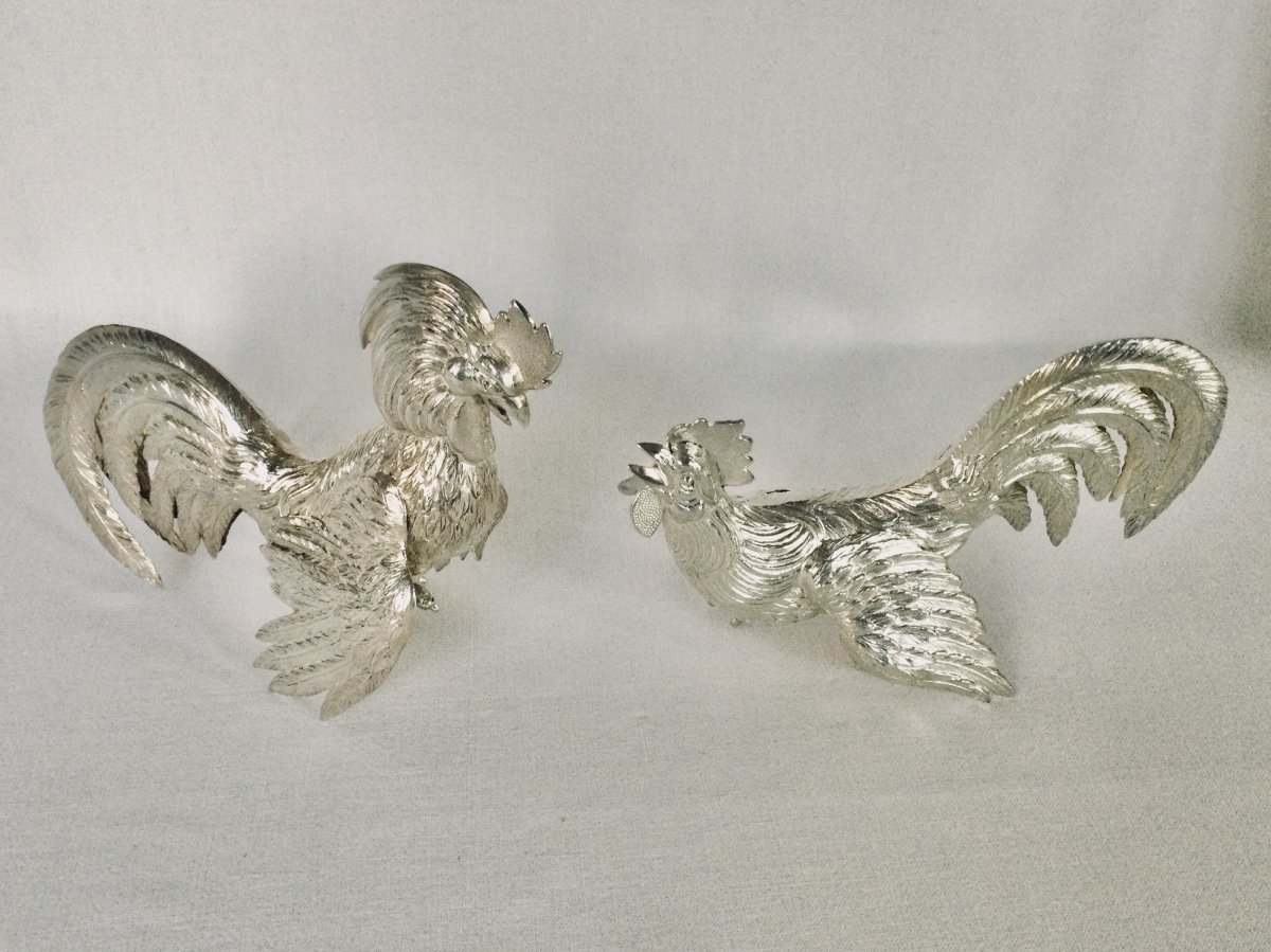 Pair Of Fighting Roosters In Sterling Silver-photo-4