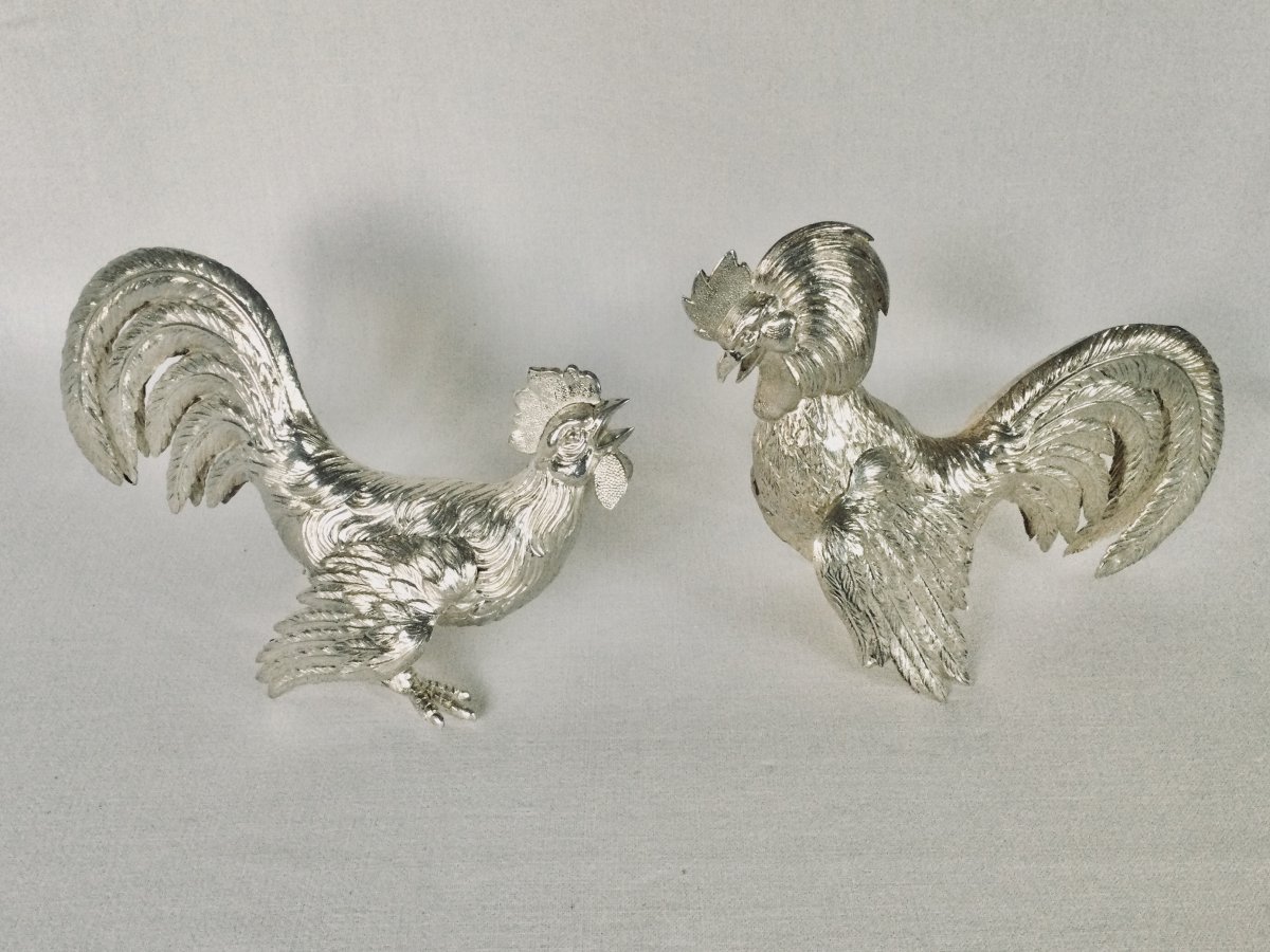 Pair Of Fighting Roosters In Sterling Silver