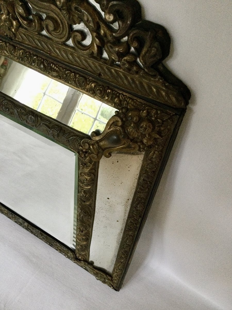  Miroir à Parclose En Laiton Repoussé XIXème-photo-4