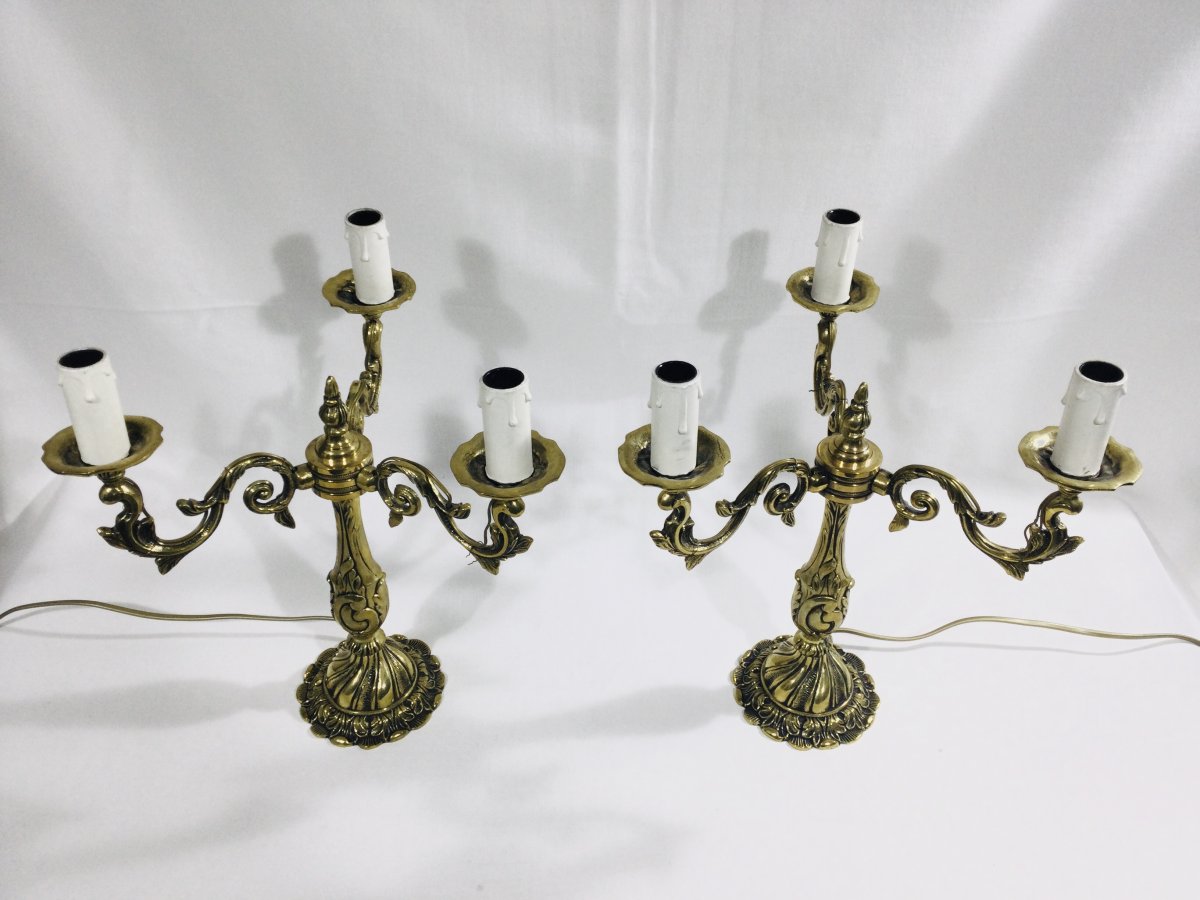 Pair Of Girandoles 3 Lights In Bronze-photo-3