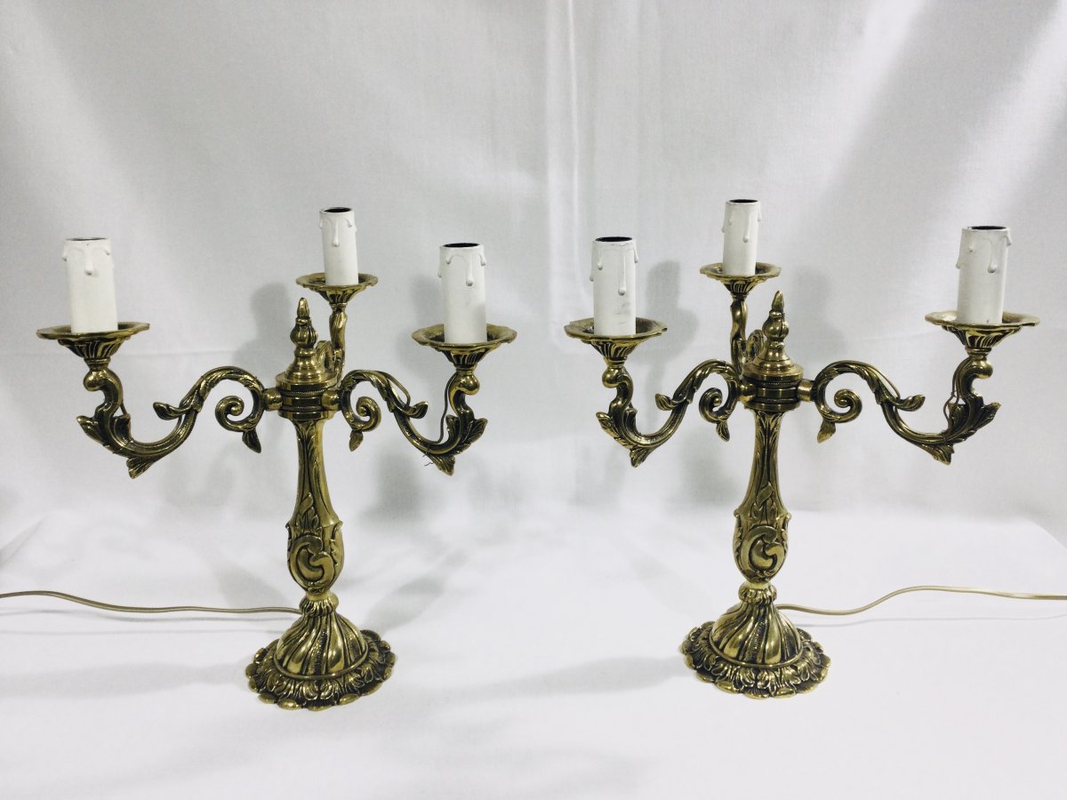 Pair Of Girandoles 3 Lights In Bronze