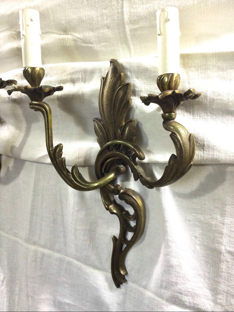 Pair Of Bronze Sconces Two Lights Louis XV Style-photo-3