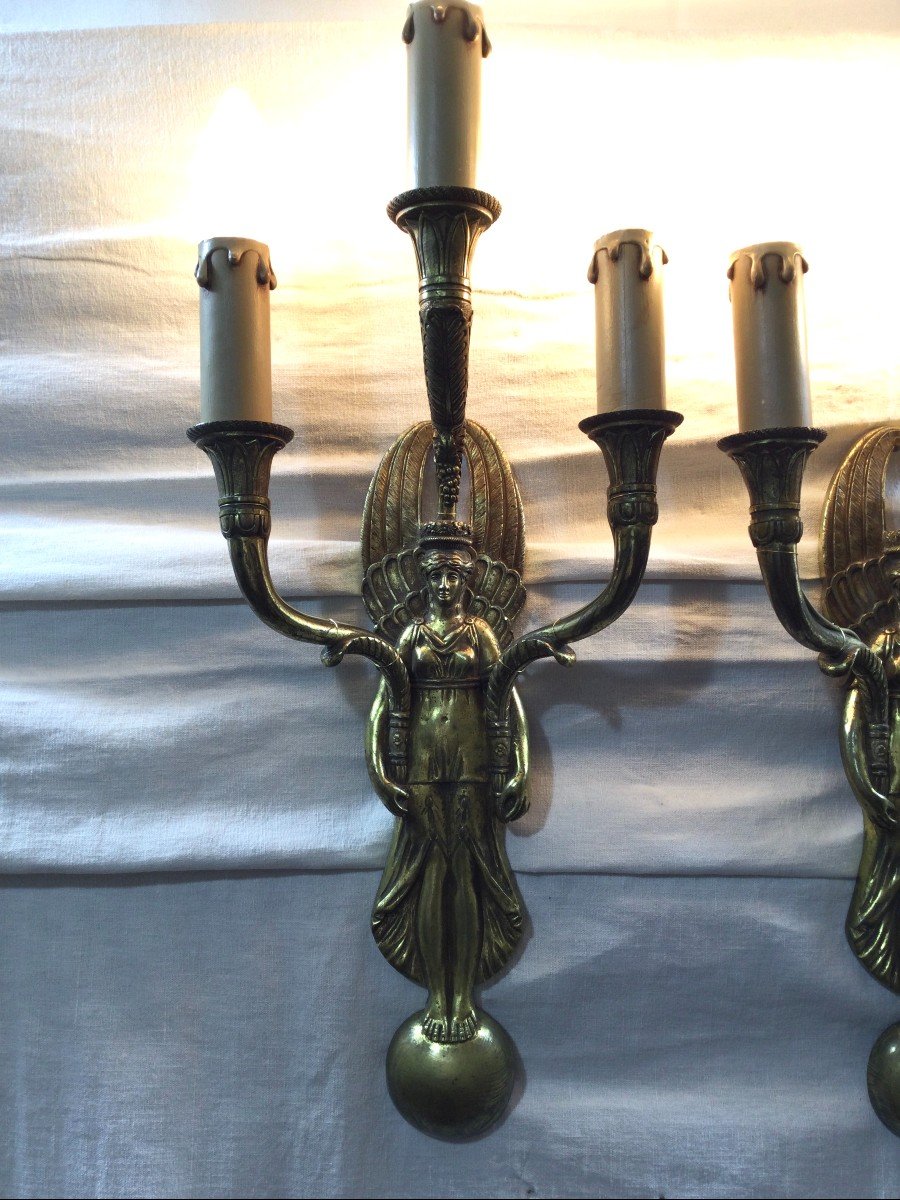 Pair Of Empire Wall Lamp In Bronze-photo-6