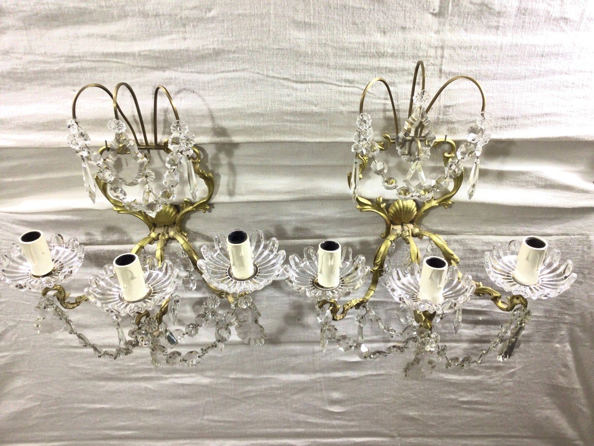 Pair Of 3 Lights Sconces In Bronze And Crystal-photo-2