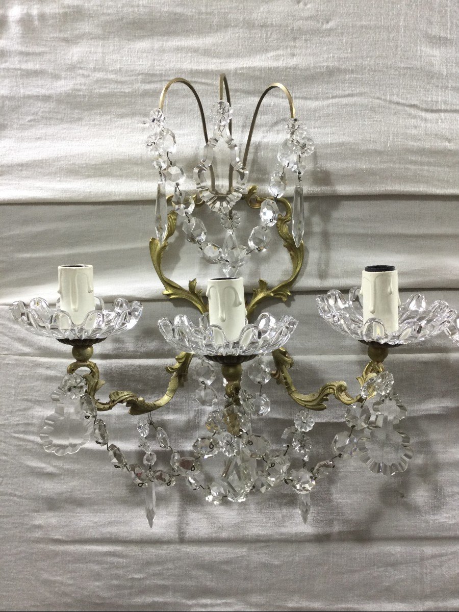 Pair Of 3 Lights Sconces In Bronze And Crystal-photo-3