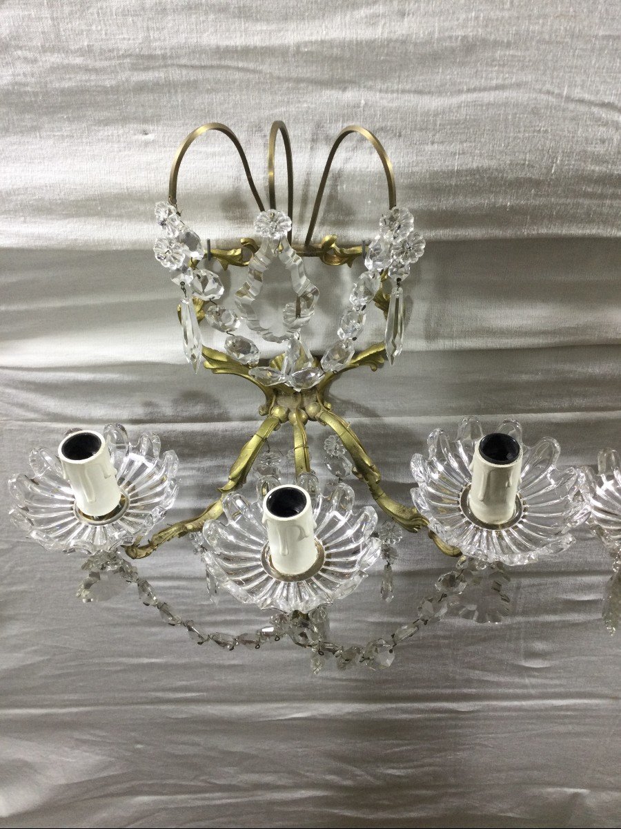 Pair Of 3 Lights Sconces In Bronze And Crystal-photo-4
