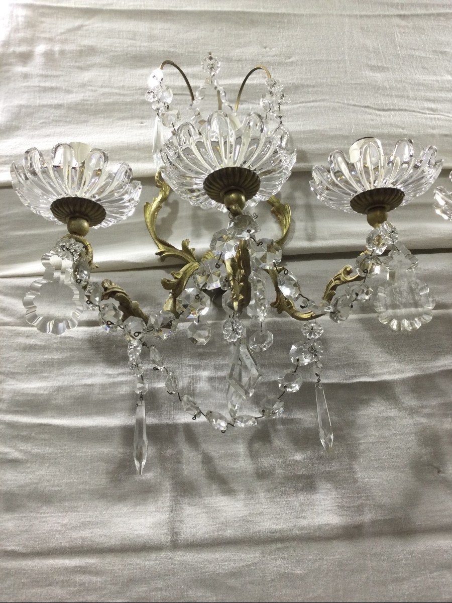 Pair Of 3 Lights Sconces In Bronze And Crystal-photo-1