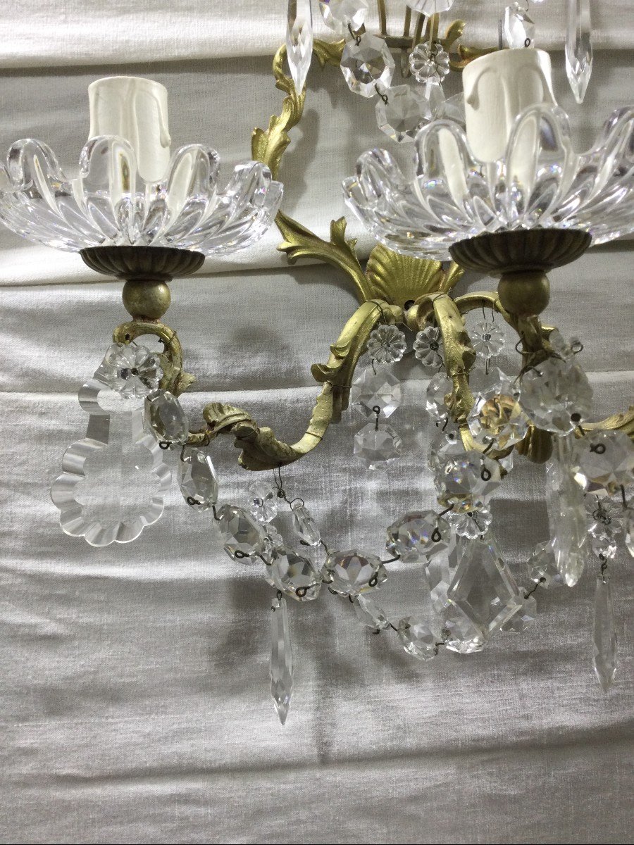 Pair Of 3 Lights Sconces In Bronze And Crystal-photo-3
