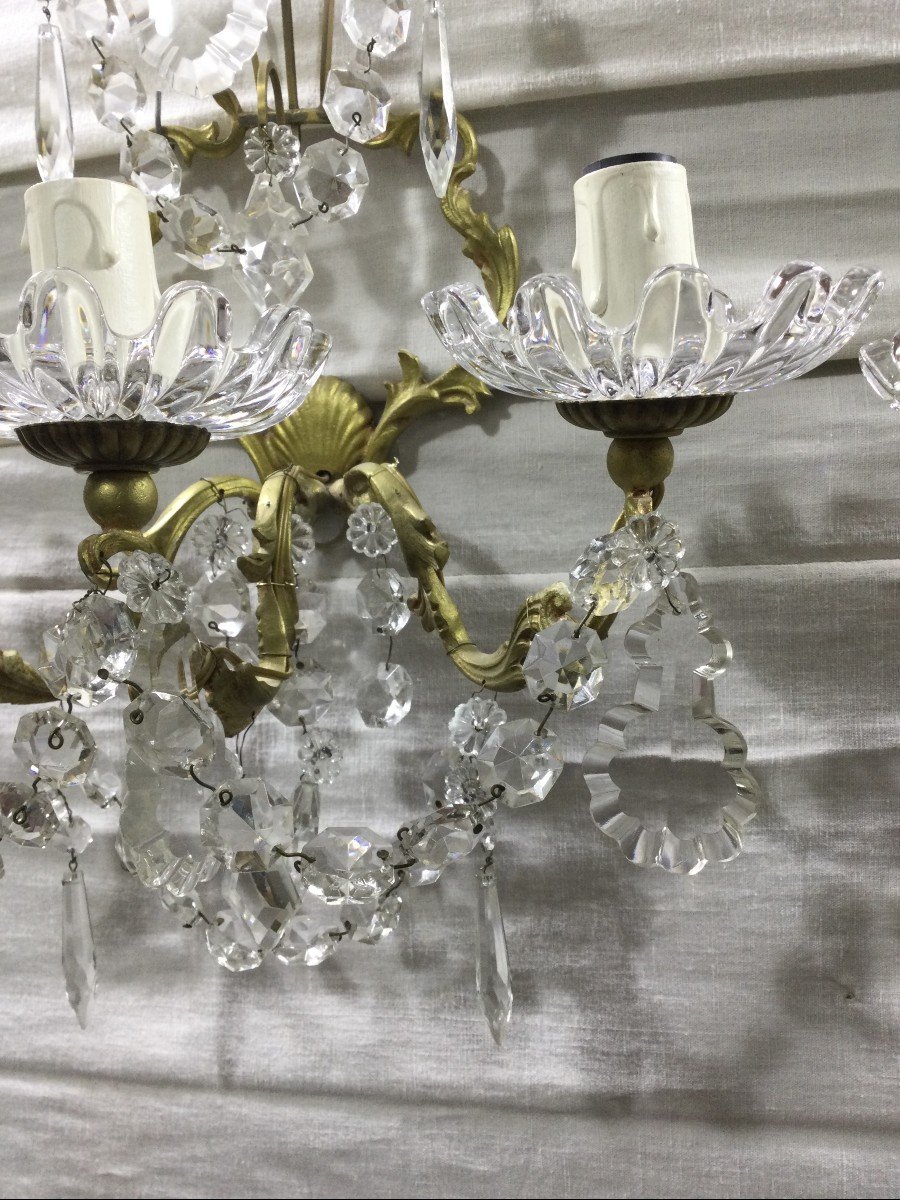 Pair Of 3 Lights Sconces In Bronze And Crystal-photo-4
