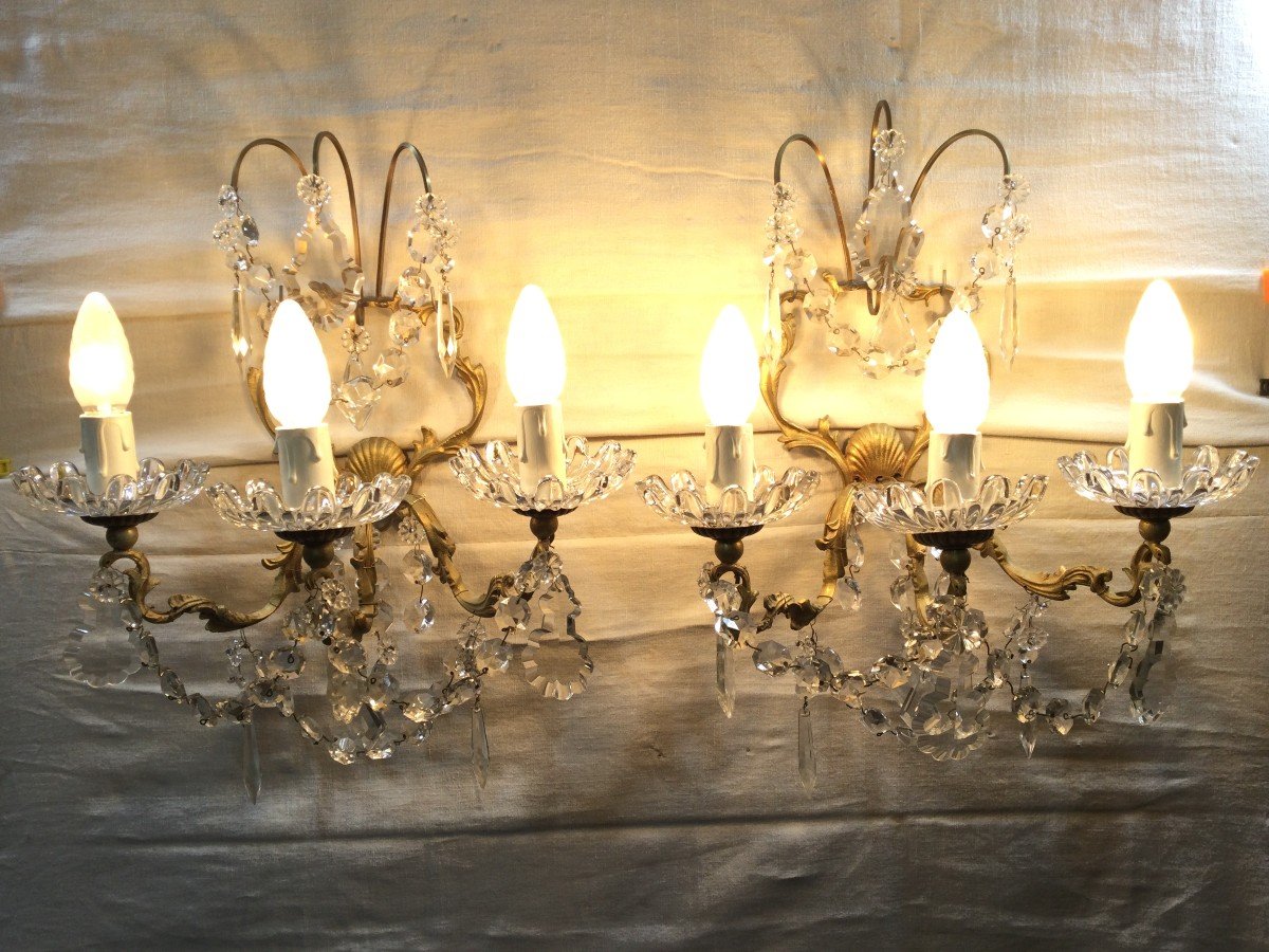 Pair Of 3 Lights Sconces In Bronze And Crystal-photo-5