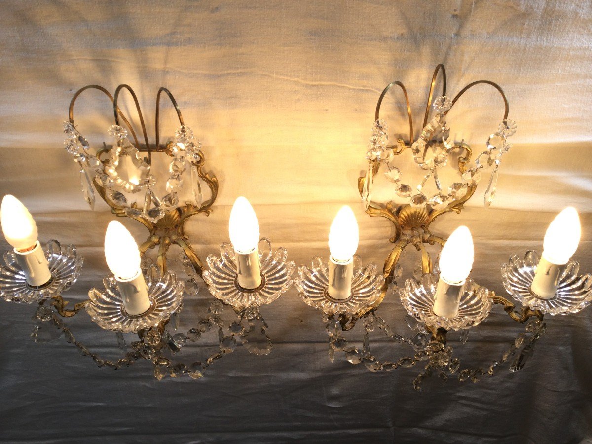 Pair Of 3 Lights Sconces In Bronze And Crystal-photo-6