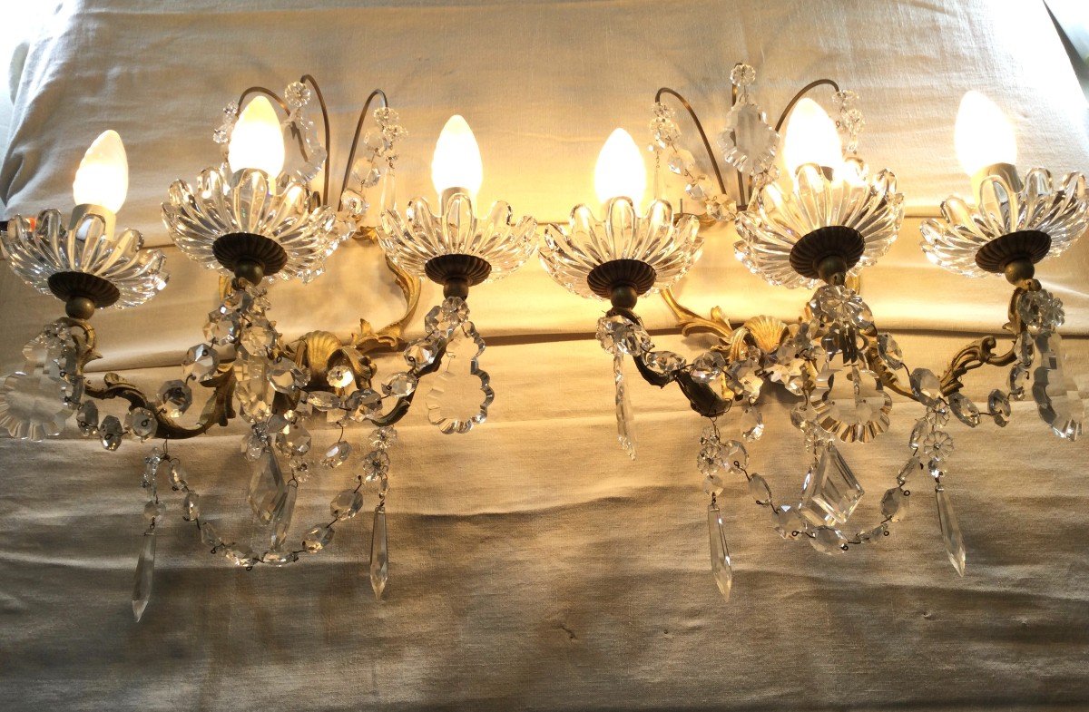 Pair Of 3 Lights Sconces In Bronze And Crystal-photo-7