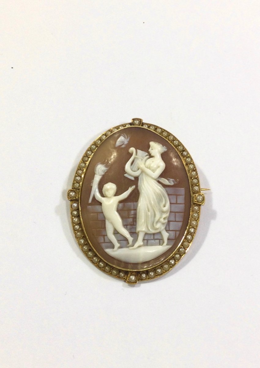 Shell And Pearl Cameo Brooch