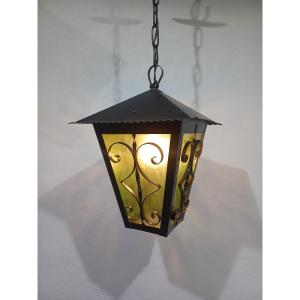 Wrought Iron And Green Glass Lantern
