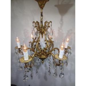 6-light Bronze And Crystal Cage Chandelier