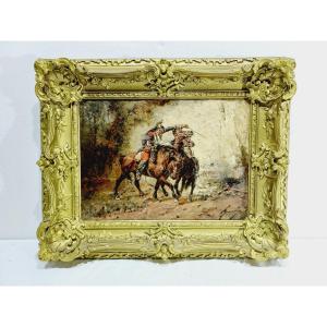 Wilfrid Constant Beauquesne -  Huile Sur Toile « Combat de cavaliers »
