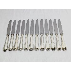 SFAM - 12 COUTEAUX DE TABLE EN MÉTAL ARGENTÉ FILETS 
