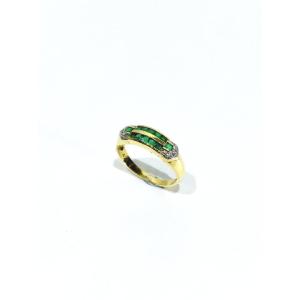 Bague Or Jaune, Diamants Et Émeraudes