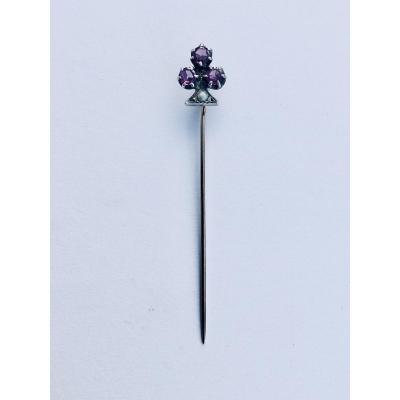 Tie Pin In Gold, Silver And Amethyst