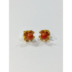 Paire De Boucle d'Oreille Or Et Corail