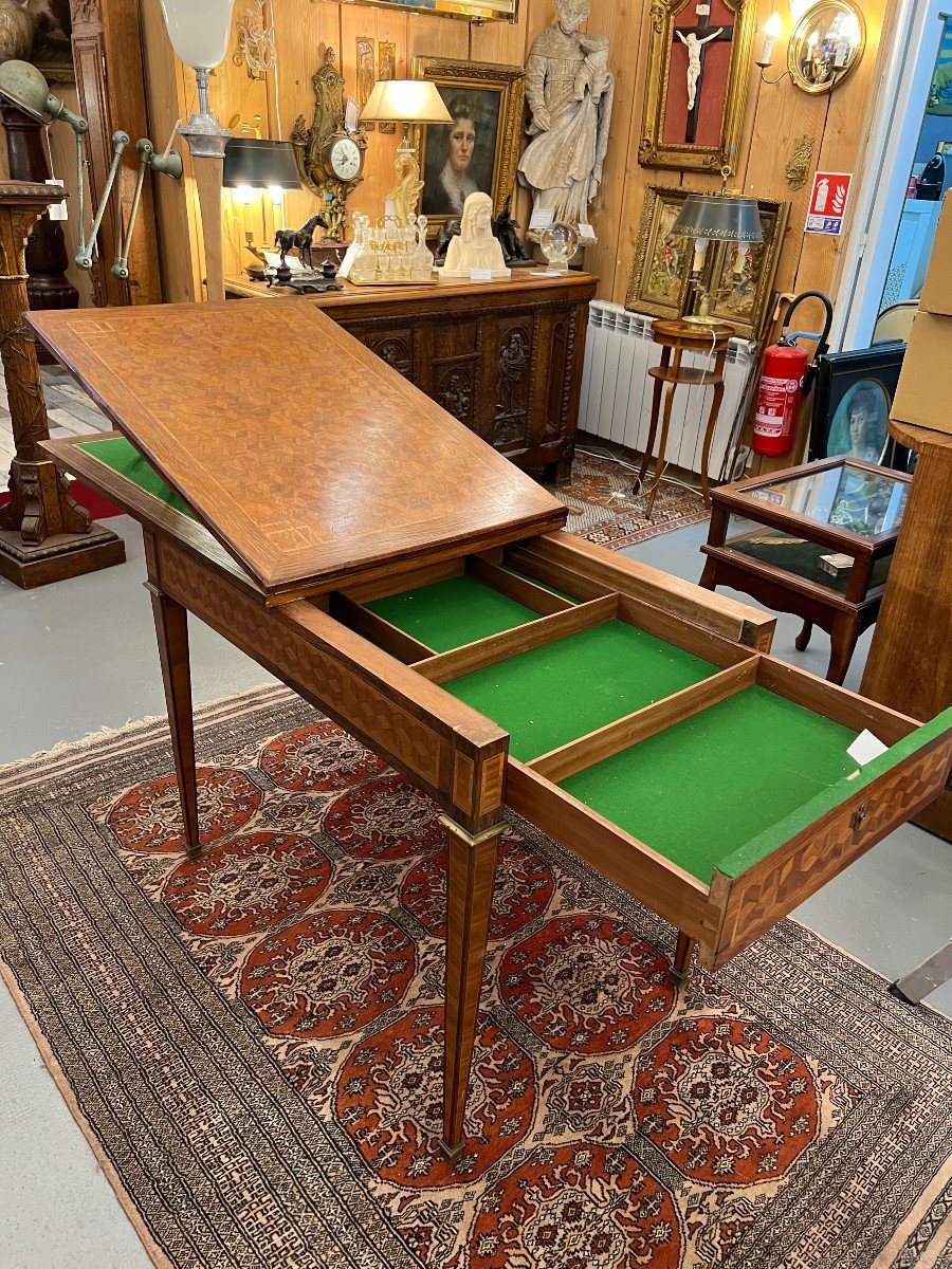 Rare Table à jeu Portefeuille à Système d'Ouverture De 180 Cm En Plaquage Et Marqueterie-photo-2