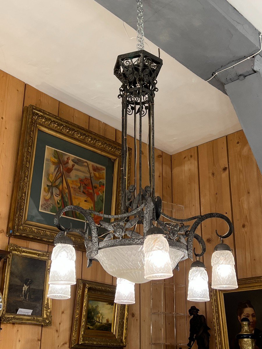 Schneider, Large Art Deco Chandelier, Wrought And Hammered Iron Frame, 1925, With 6 Tulips-photo-2