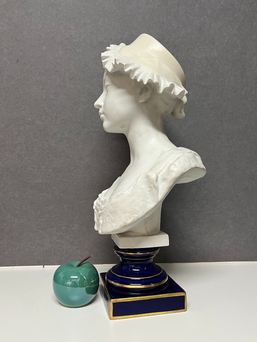 Ernesto Troili, Large Bust In Nineteenth Porcelain Biscuit, Young Woman With Bonnet-photo-4