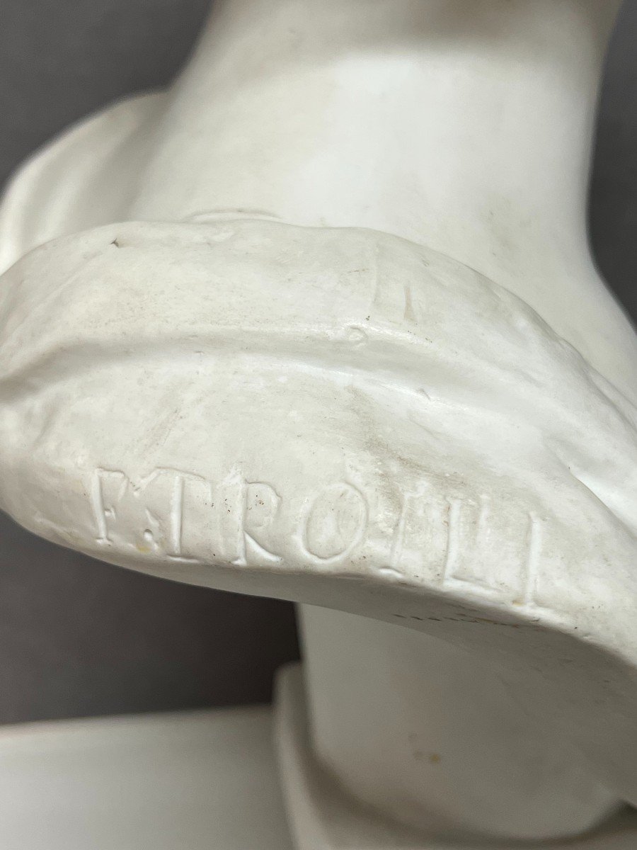 Ernesto Troili, Large Bust In Nineteenth Porcelain Biscuit, Young Woman With Bonnet-photo-3