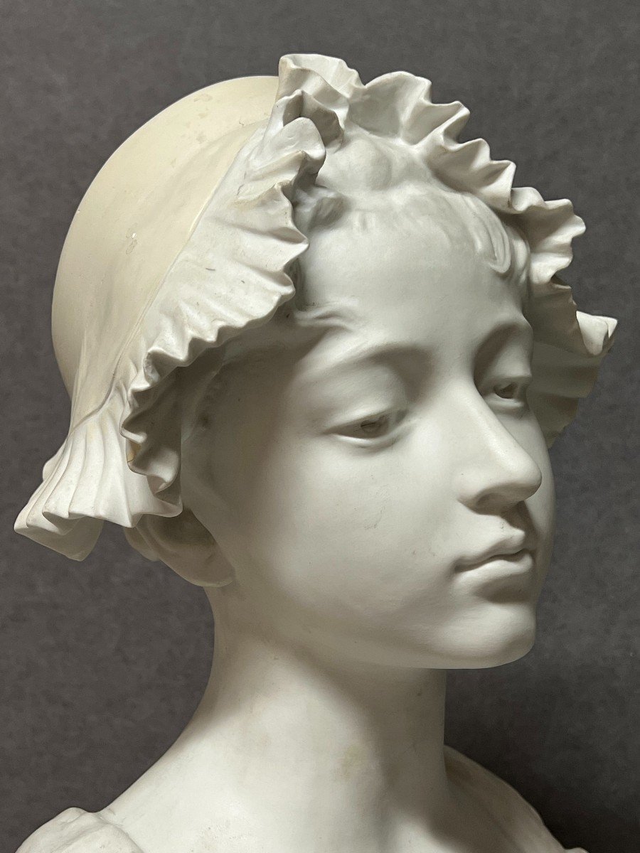 Ernesto Troili, Grand Buste En Biscuit De Porcelaine XIXe, Jeune Femme Au Bonnet-photo-4