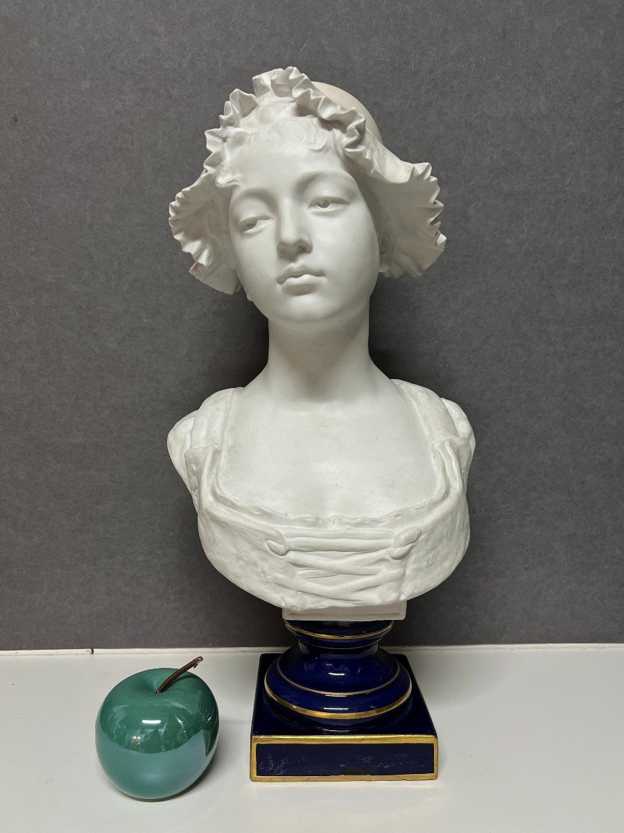 Ernesto Troili, Grand Buste En Biscuit De Porcelaine XIXe, Jeune Femme Au Bonnet