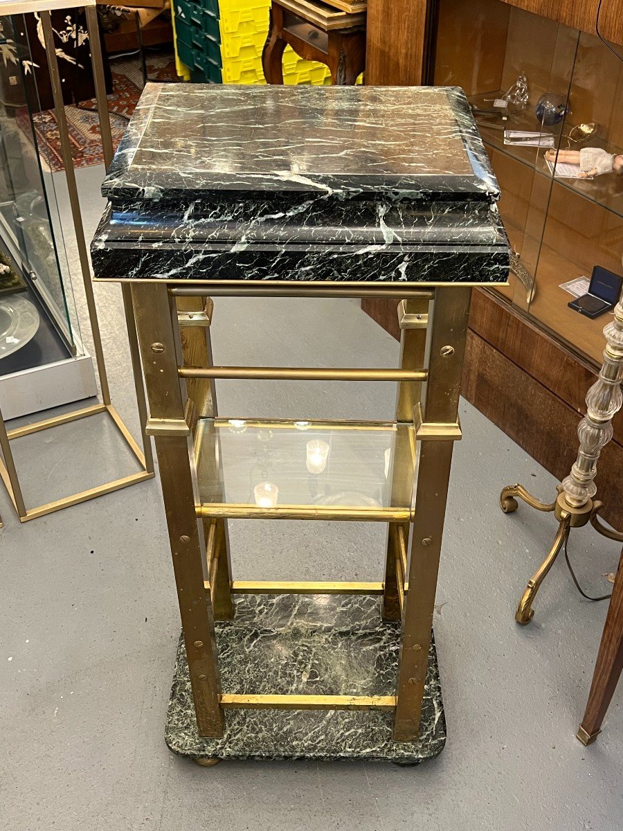 Console Sellette Colonne Ancienne En Laiton Massif Et Marbre De Mer, Vers 1900-photo-2