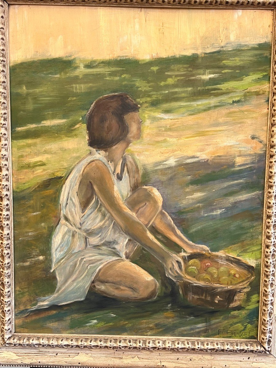 Ferdinand Lucien Bivel ( 1888-1950 ), Peinture Huile Sur Isorel, Femme Aux Pommes-photo-2