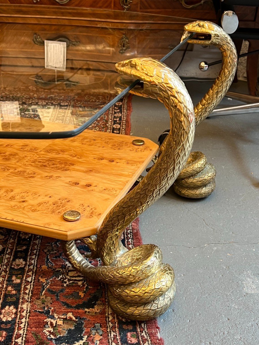 Table Basse 70's, design, 4 Pieds Cobra En Bronze Massif, Plateau Verre-photo-4