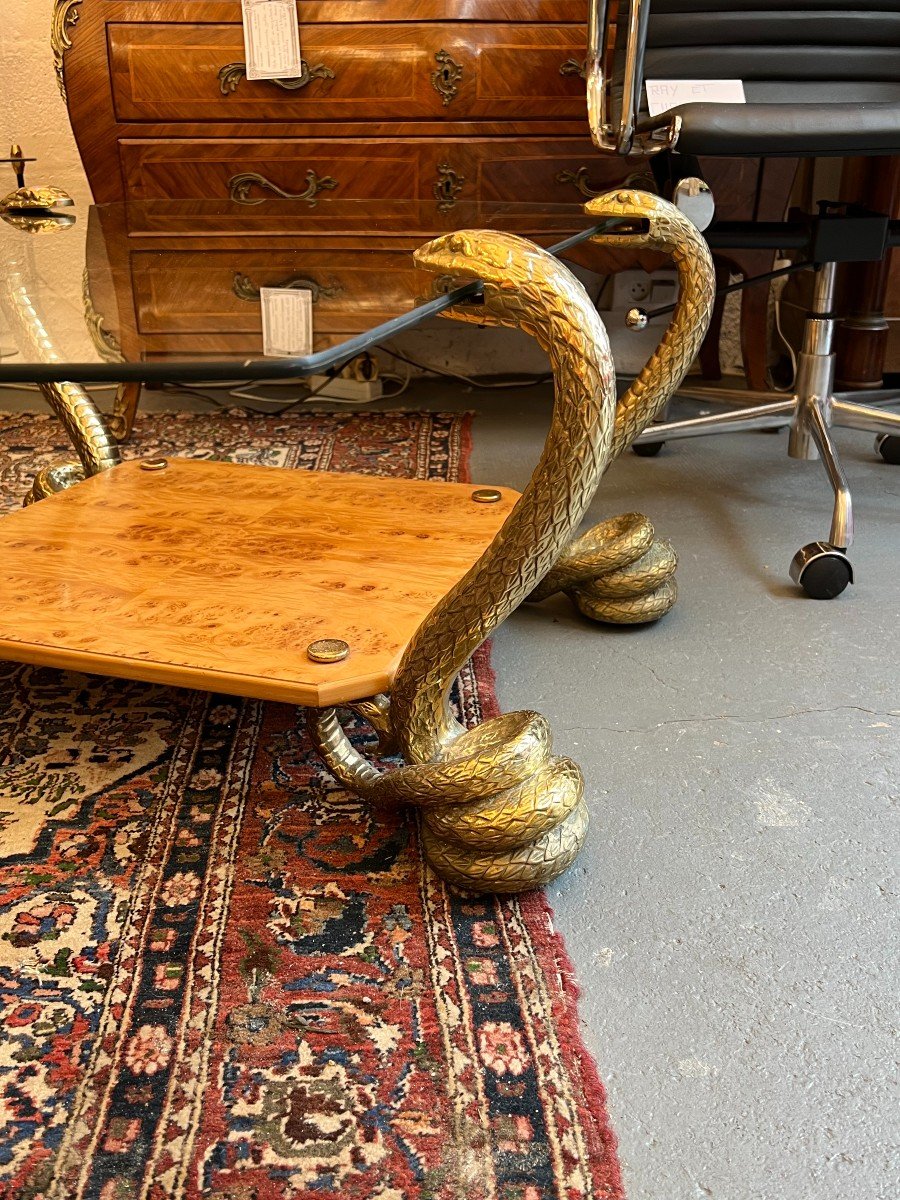 Table Basse 70's, design, 4 Pieds Cobra En Bronze Massif, Plateau Verre-photo-2